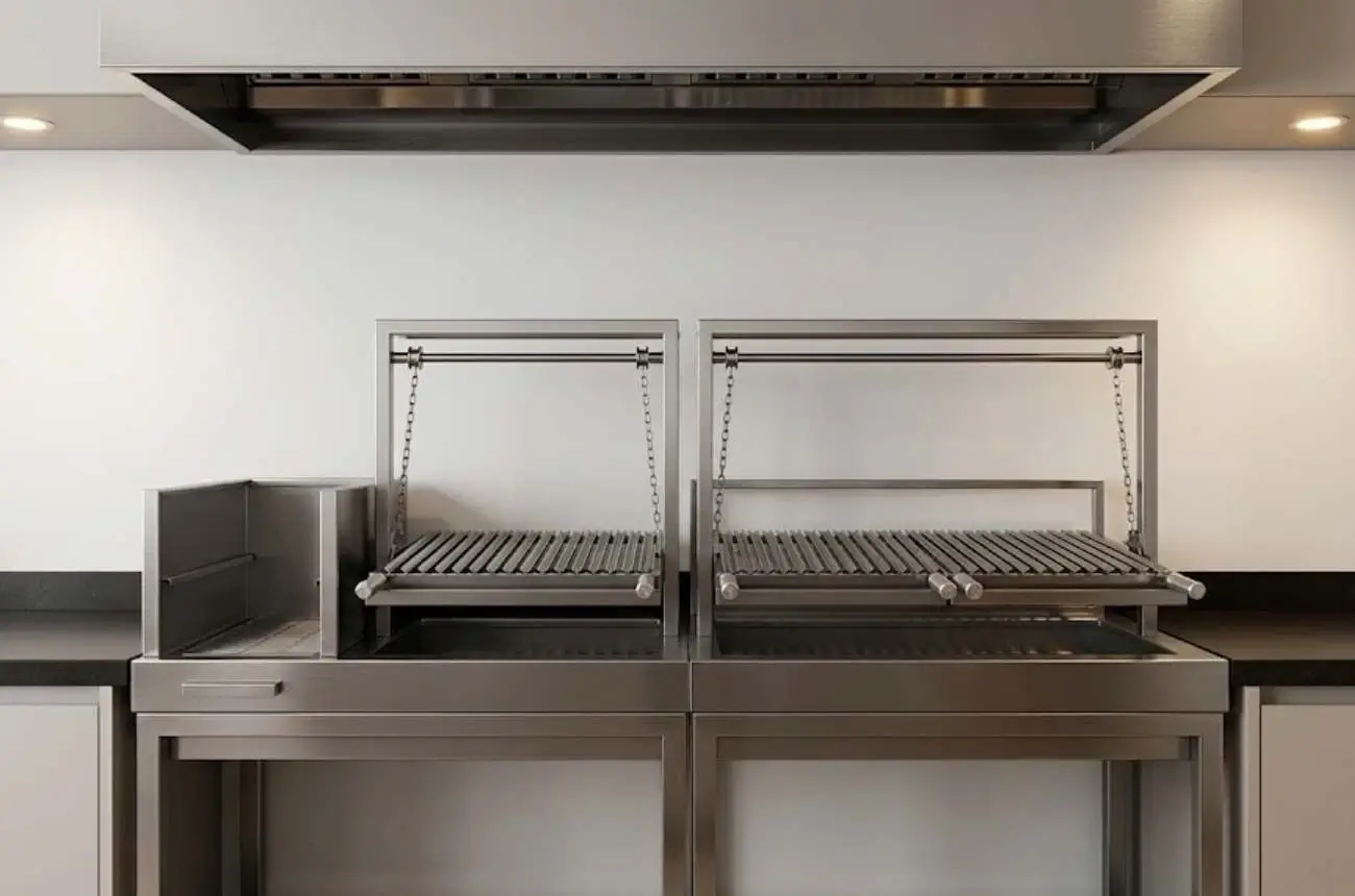 Churrasqueira parrilla em aço inox 304 instalada em área gourmet residencial.